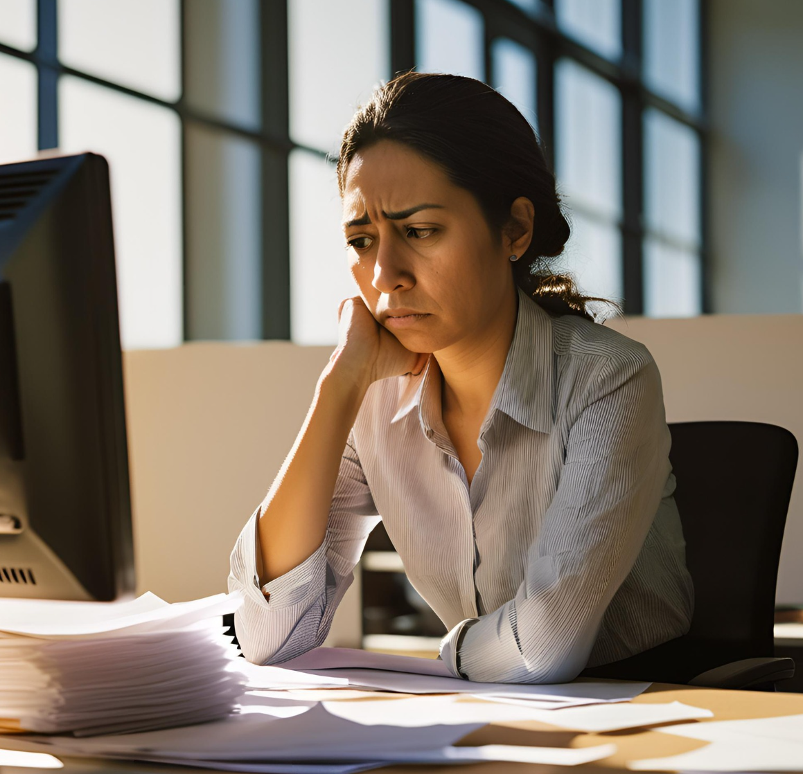 Une salariée tourmentée, assise devant son bureau au travail.